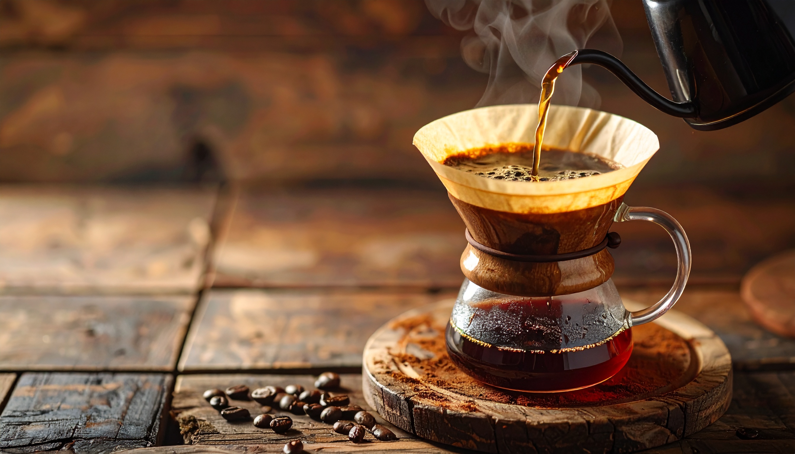 Cena de café artesanal sendo coado em um suporte de vidro com filtro de papel, sobre uma superfície rústica de madeira. A iluminação suave destaca a textura das gotas de café e o vapor subindo, criando uma atmosfera acolhedora e convidativa. Grãos de café estão espalhados ao redor, adicionando um toque autêntico ao cenário. A composição é centralizada, com foco no fluxo do café e nos detalhes do recipiente, conferindo uma sensação de calma e apreciação do momento.